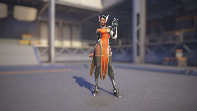 Symmetra models her Saffron skin in Overwatch 2.