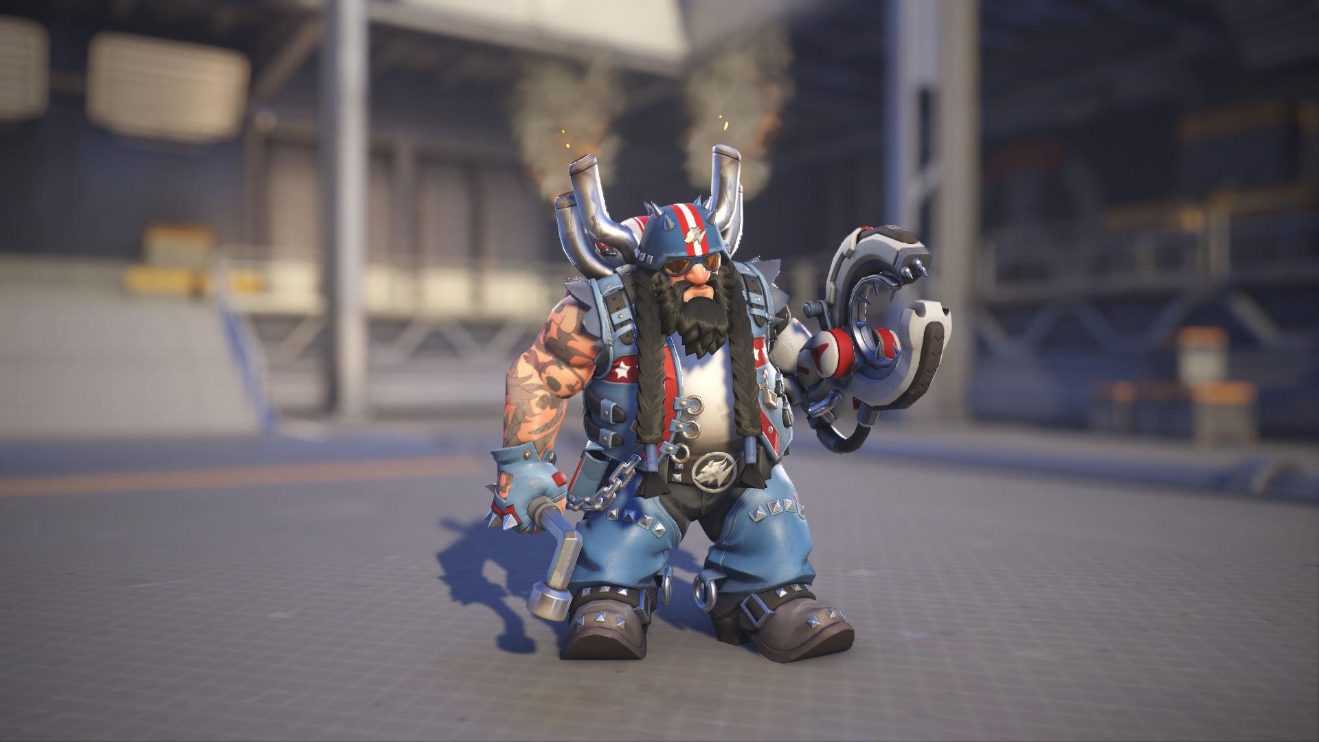 Torbjörn models his Chopper skin in Overwatch 2.