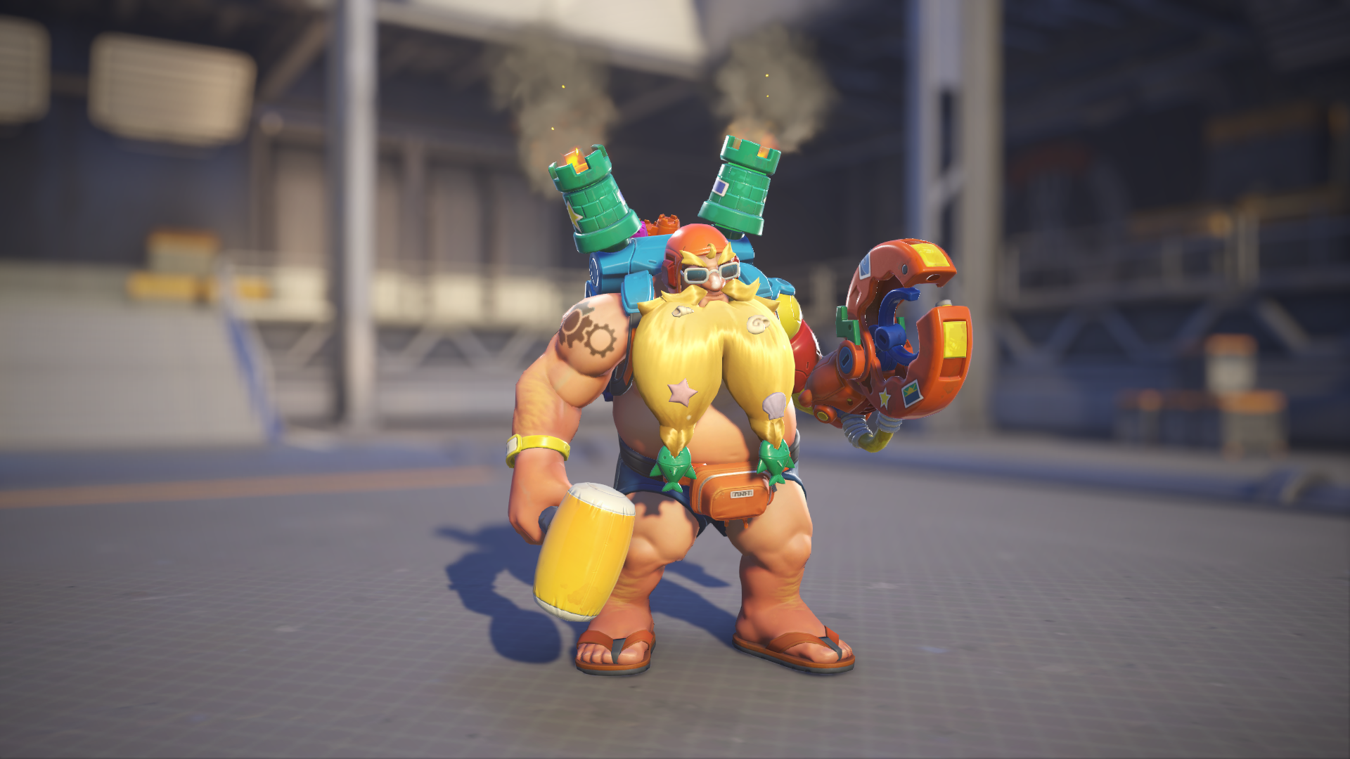 Torbjörn models his Surf &lsquo;n&rsquo; Splash skin in Overwatch 2.