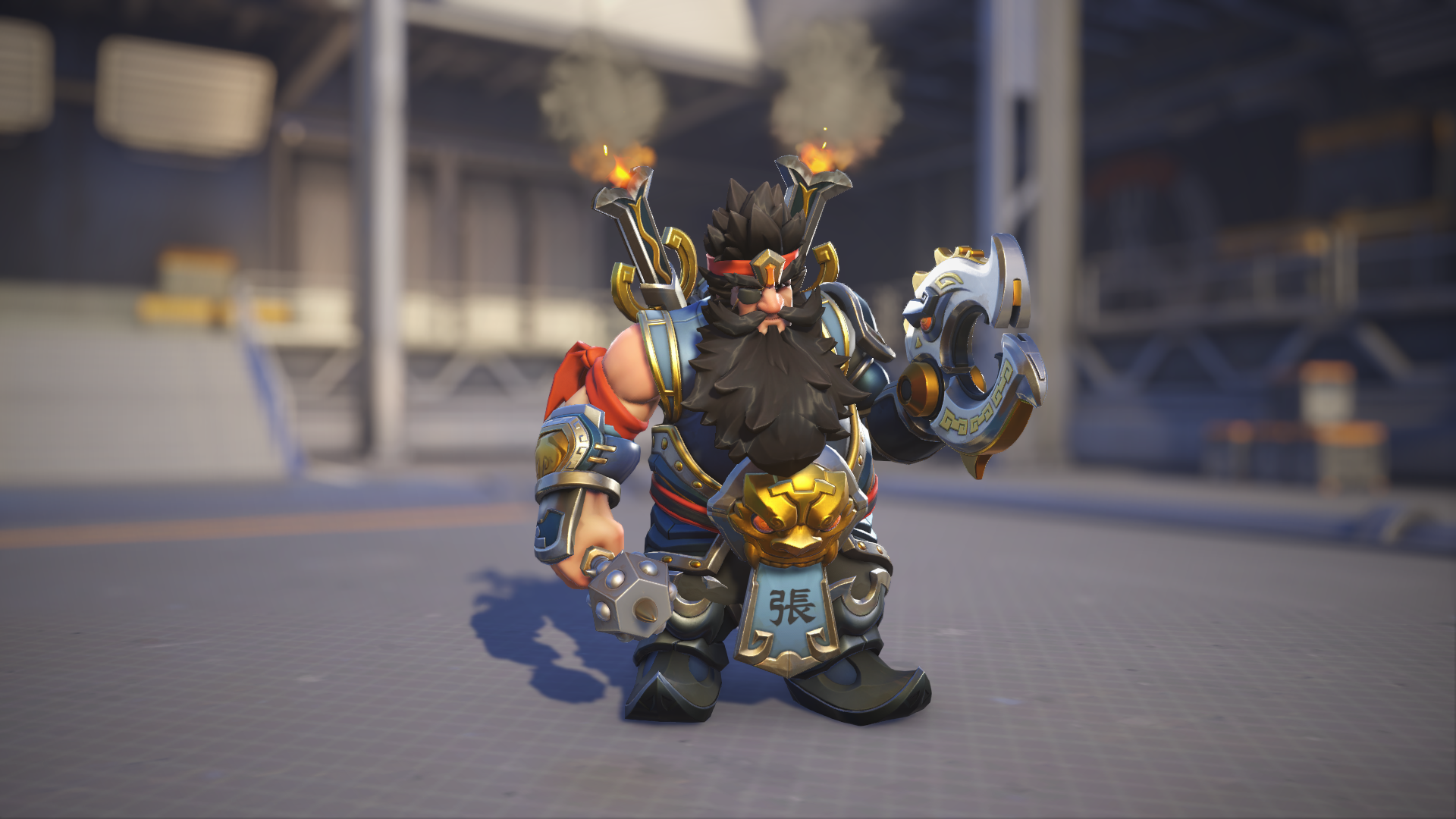 Torbjörn models his Zhang Fei skin in Overwatch 2.