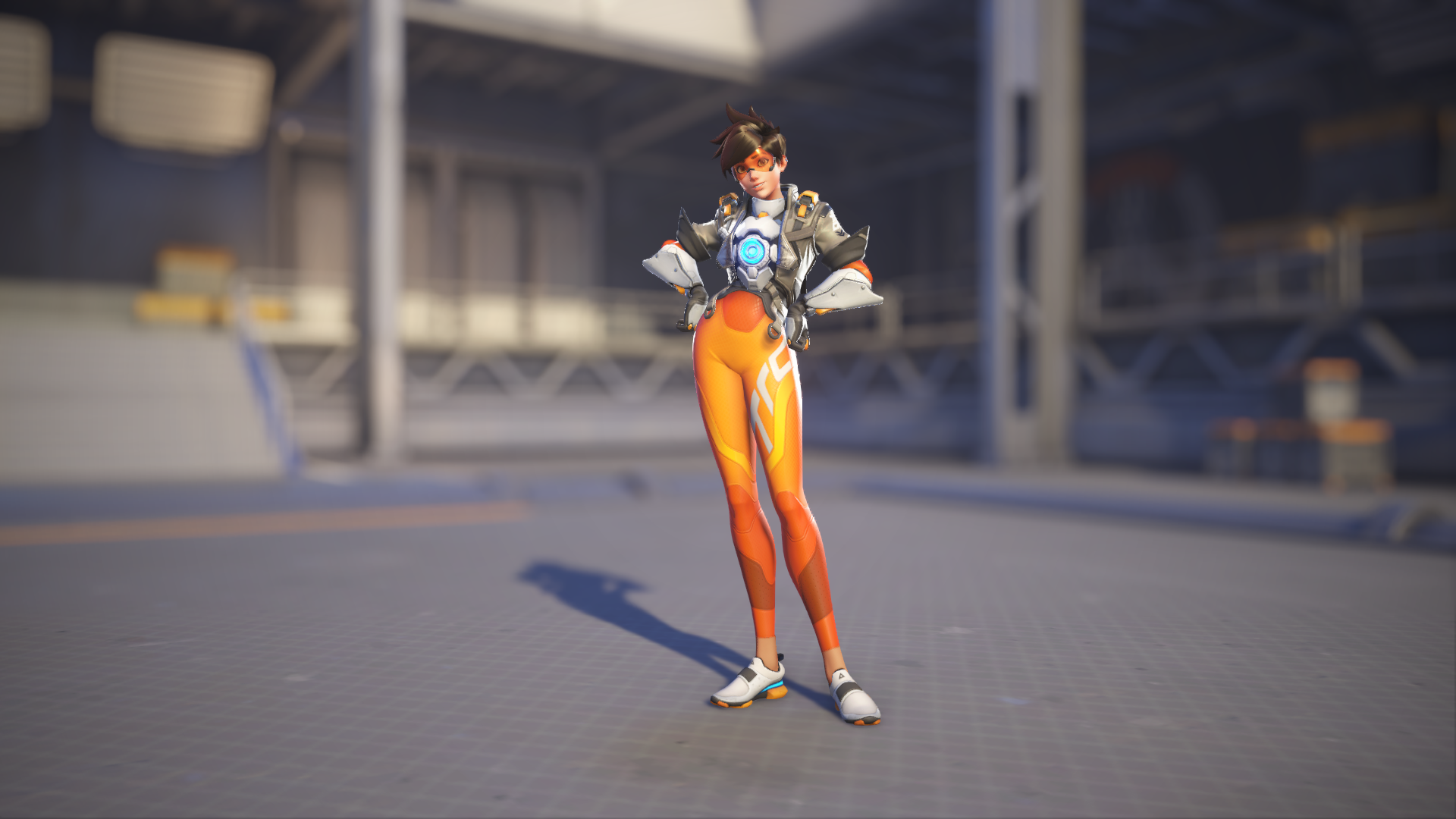 Tracer models her Overwatch 2 default skin.