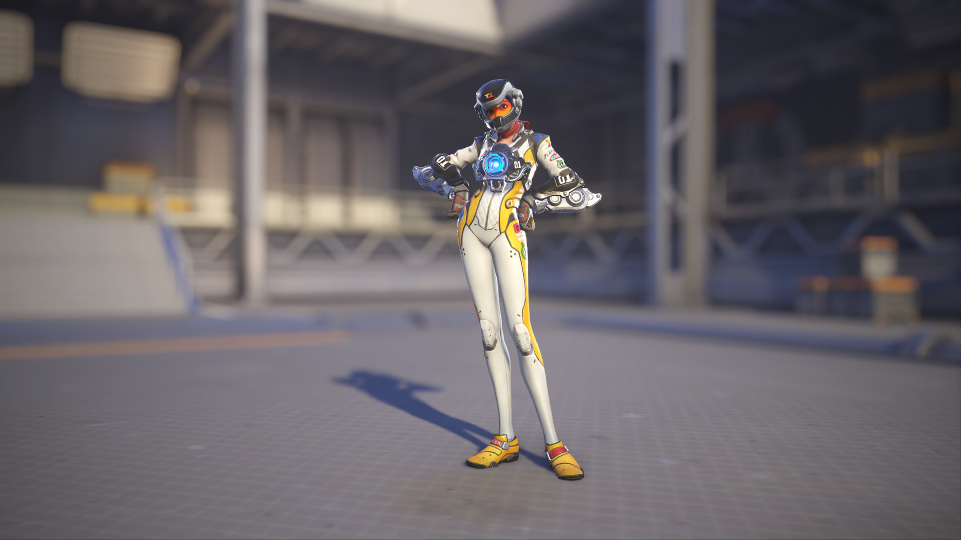 Tracer models her T. Racer skin in Overwatch 2.