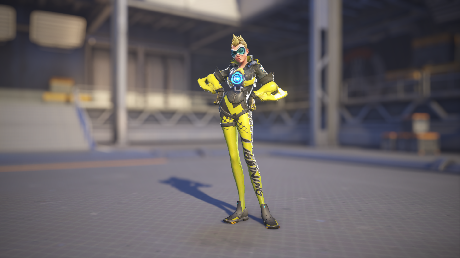 Tracer models her Lightning skin in Overwatch 2.