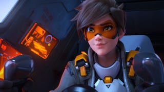 Tracer, a hero from Overwatch 2, looks past the camera while piloting a ship.