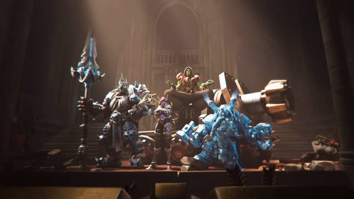 Overwatch 2 characters wearing skins that look like characters from World of Warcraft, including Reinhardt as The Lich King, Widowmaker as Sylvanas Windrunner, Torbjorn as Magni Bronzebeard, and Zenyatta as Thrall.