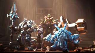 A shot from Overwatch 2's World of Warcraft Collaboration trailer showing its four new skins.
