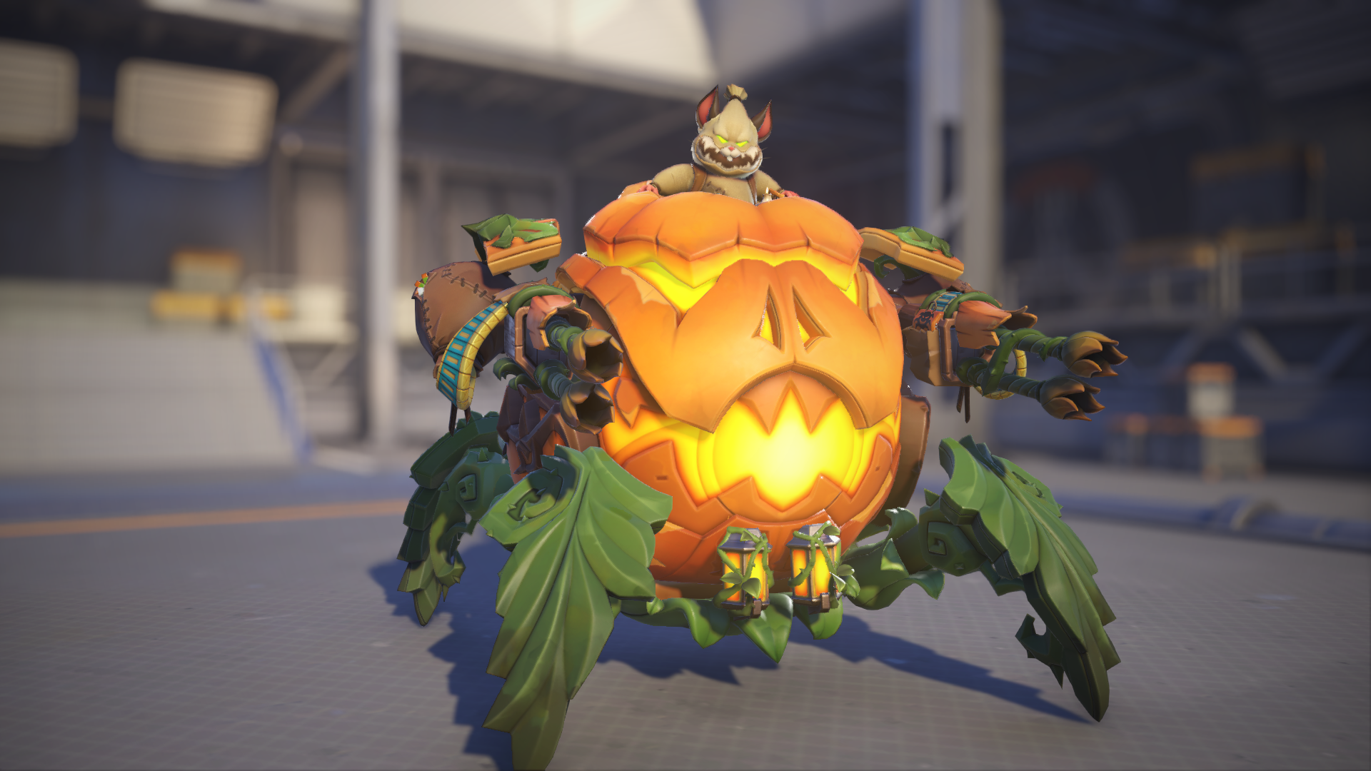 Wrecking Ball models his Jack-o'-Lantern skin in Overwatch 2.