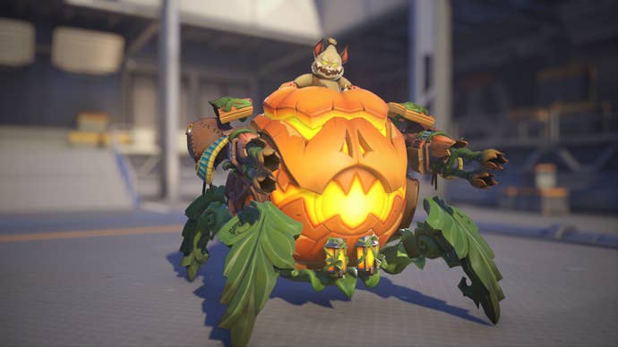 Wrecking Ball models his Jack-o'-Lantern skin in Overwatch 2.