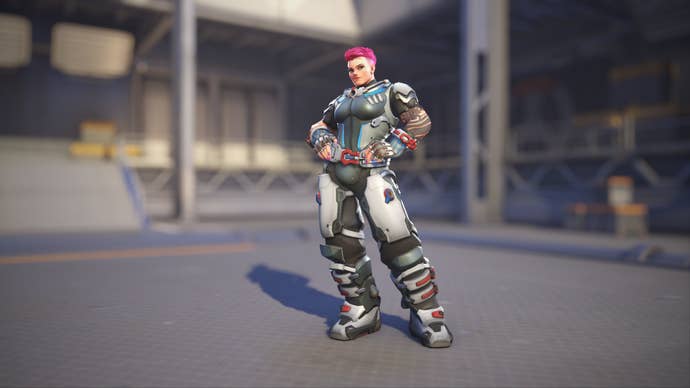 Zarya models her Overwatch 2 default skin.