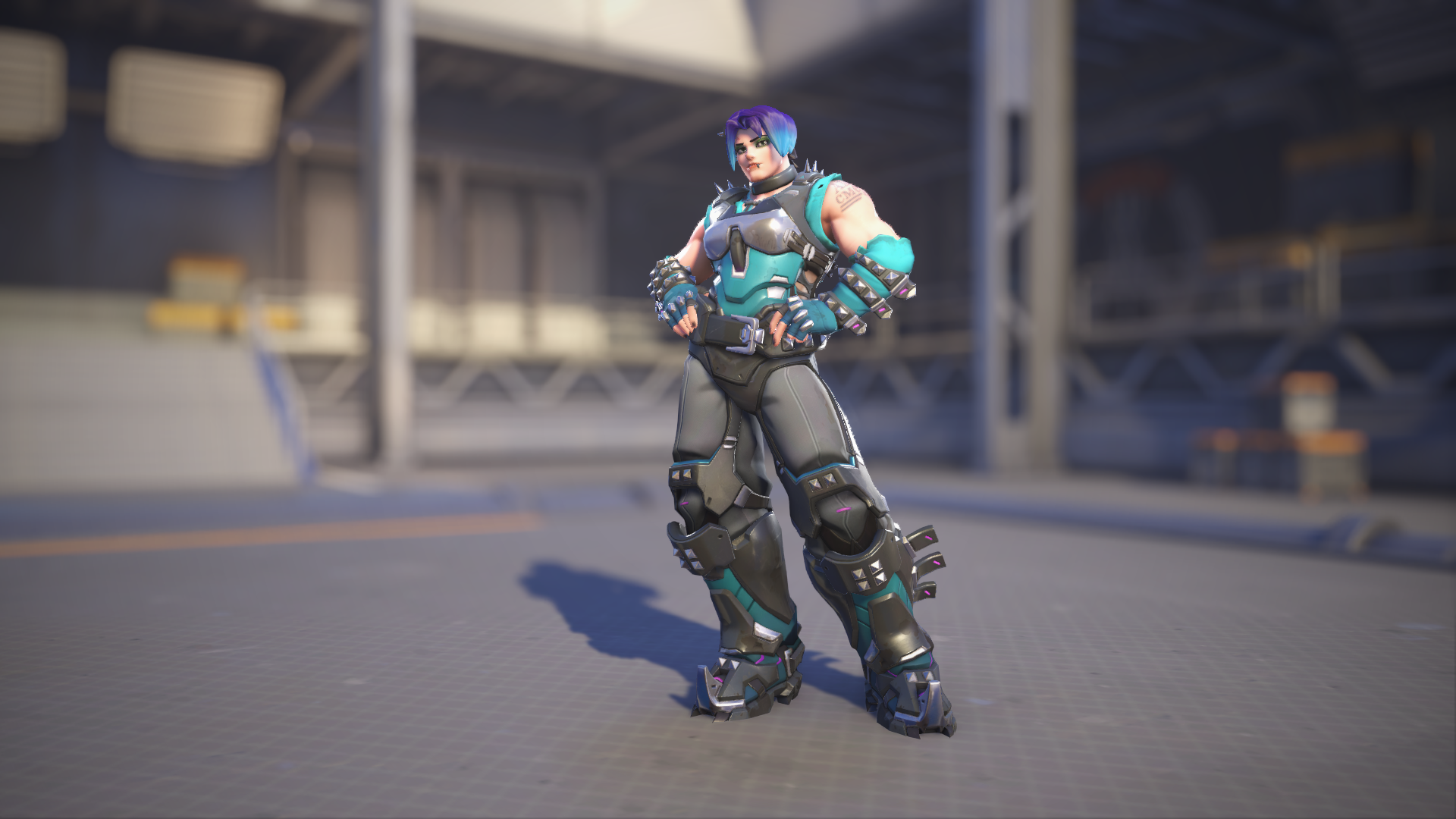 Zarya models her Cybergoth skin in Overwatch 2.