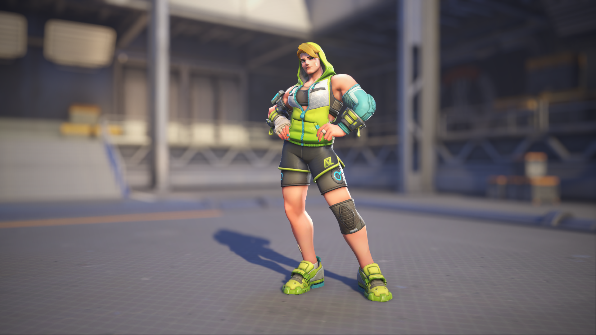 Zarya models her Workout skin in Overwatch 2.