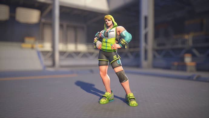 Zarya models her Workout skin in Overwatch 2.