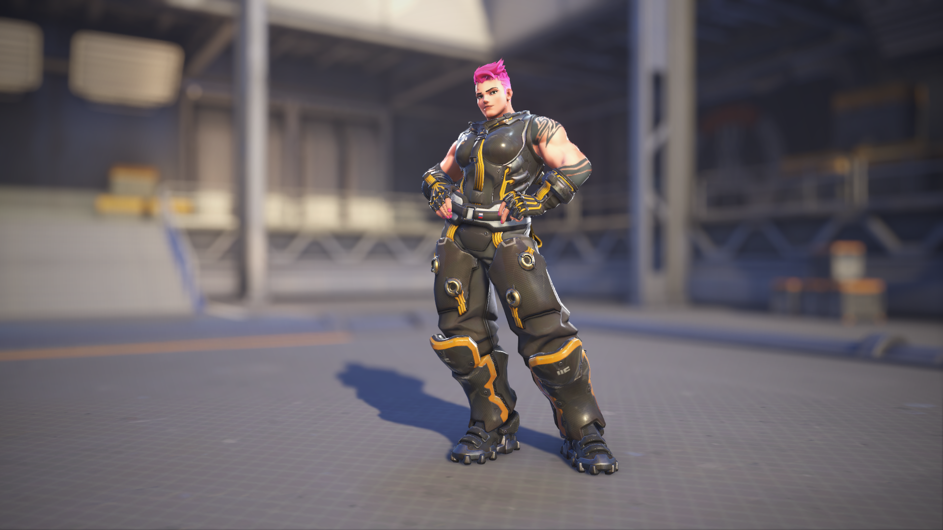 Zarya models her Midnight skin in Overwatch 2.