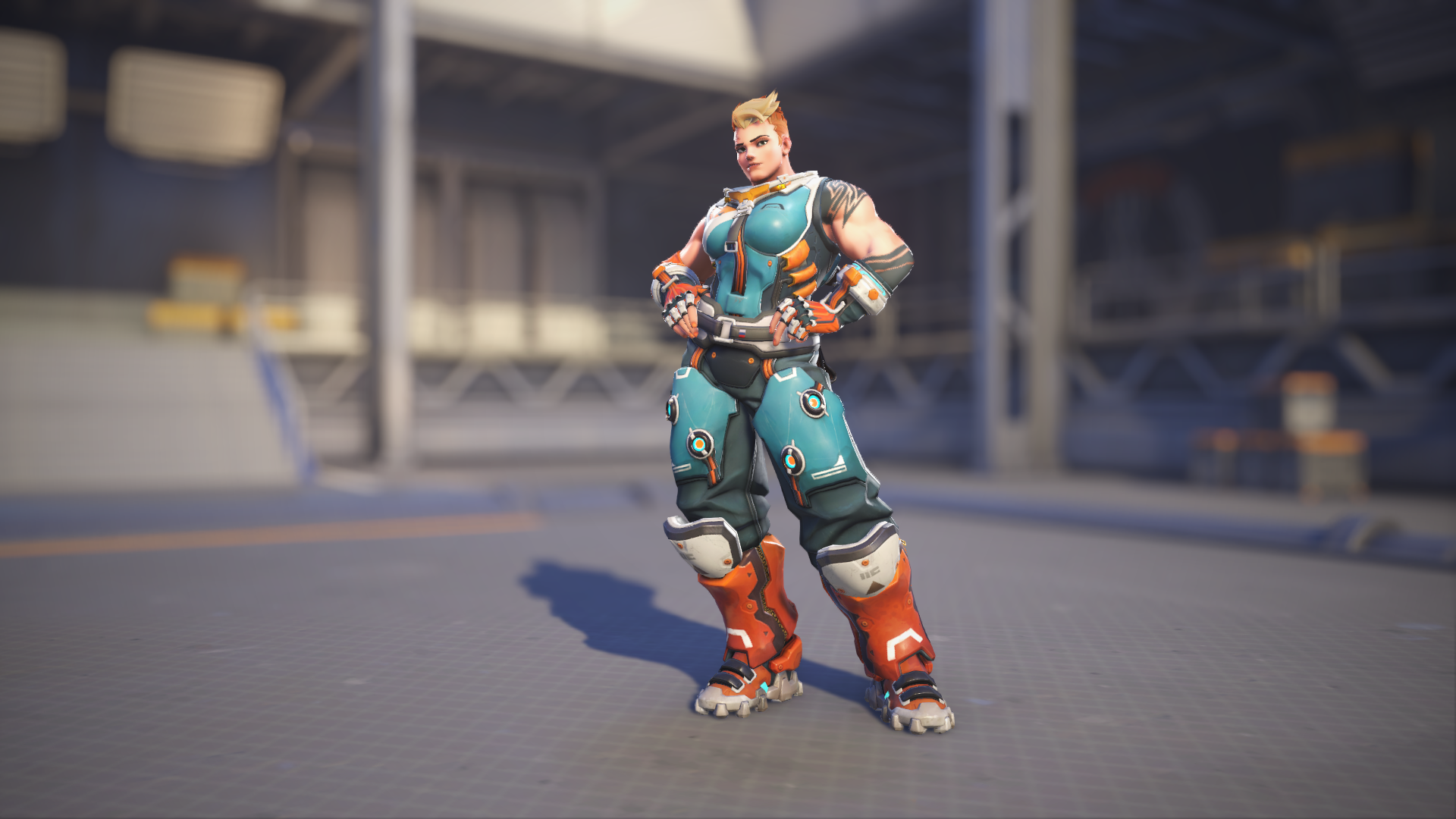 Zarya models her Racer skin in Overwatch 2.