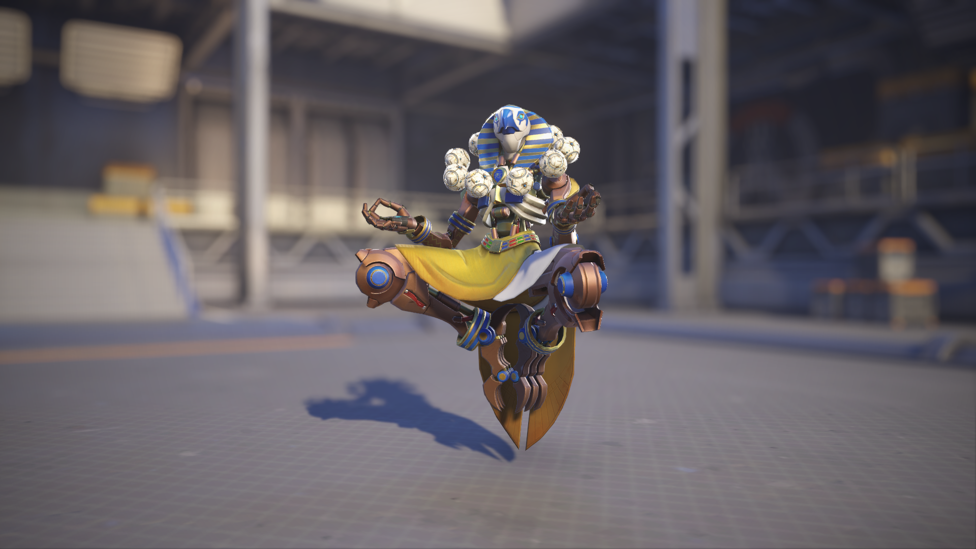 Zenyatta models his Ra skin in Overwatch 2.