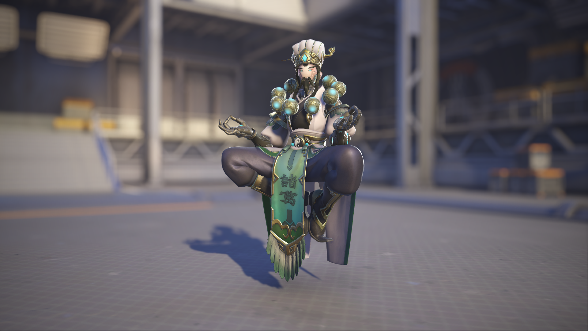Zenyatta models his Zhuge Liang skin in Overwatch 2.