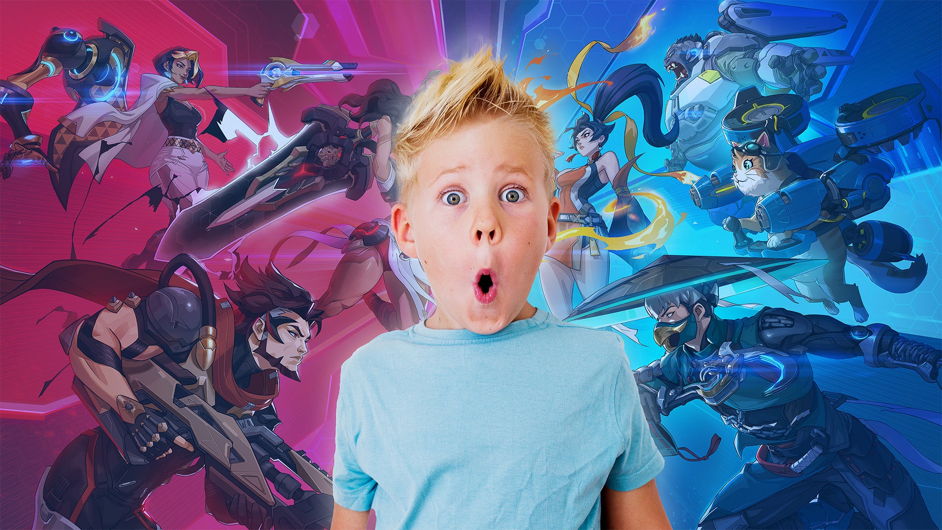 A very excited young blonde boy overlaid on Overwatch artwork.