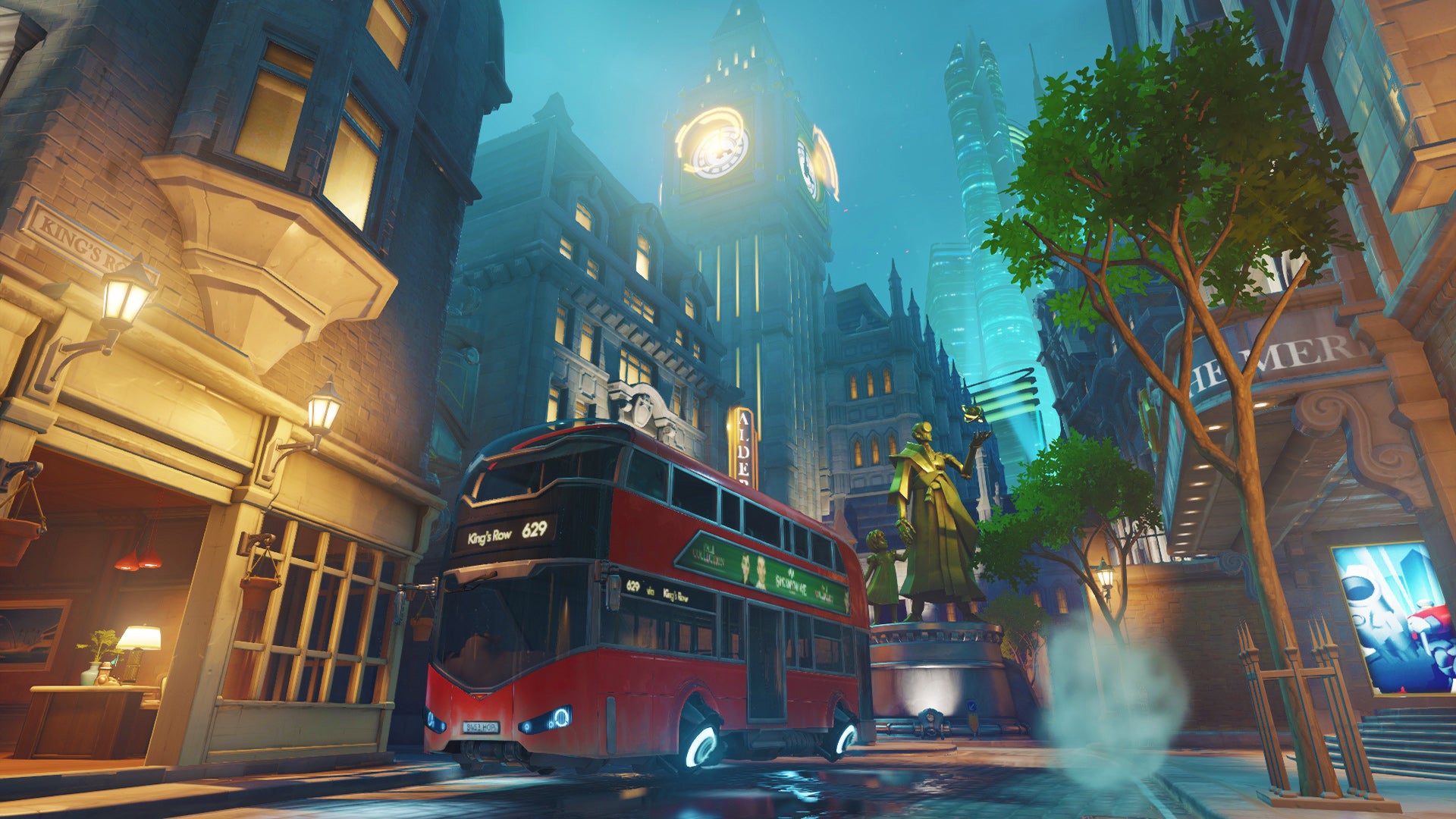 A screenshot of the King&rsquo;s Row map from Overwatch - a red double decker bus in the foreground and Big Ben in the background