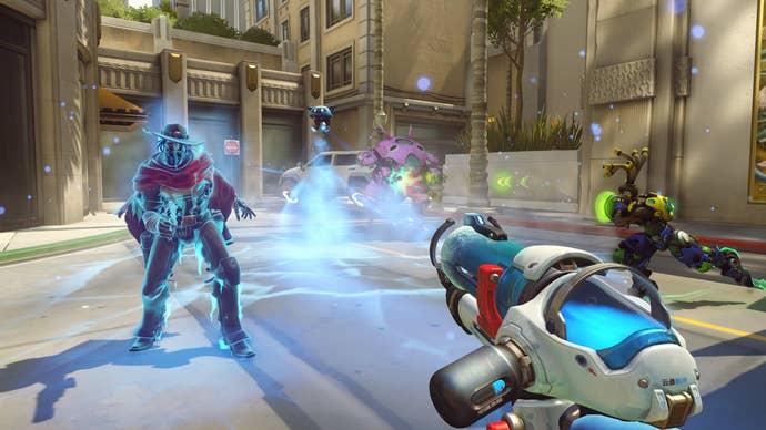 Mei freezes Cassidy in Overwatch.