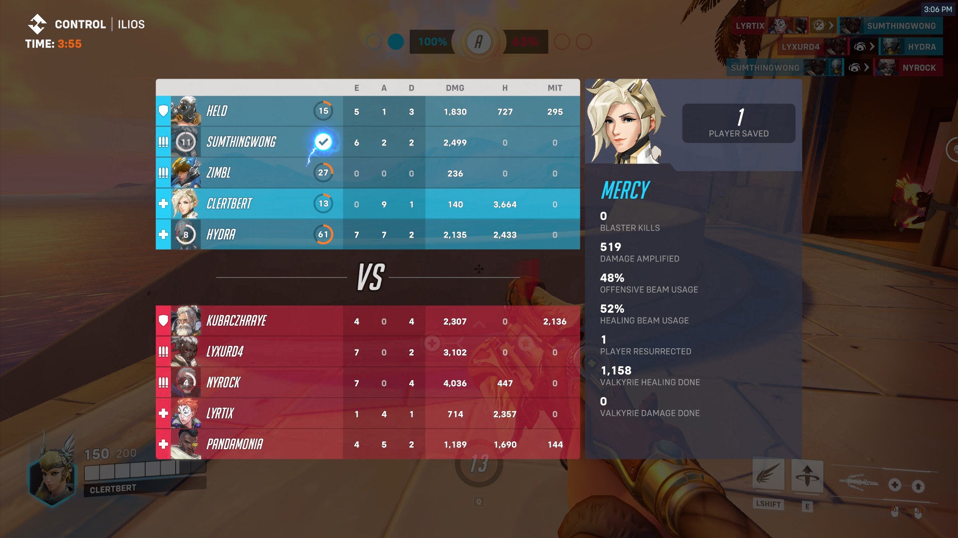 An Overwatch 2 scoreboard, listing the red and blue players according to who is contributing most.