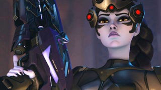 Widowmaker in an Overwatch 2 cut-scene, peering down slightly at the camera with her gun held up beside her.