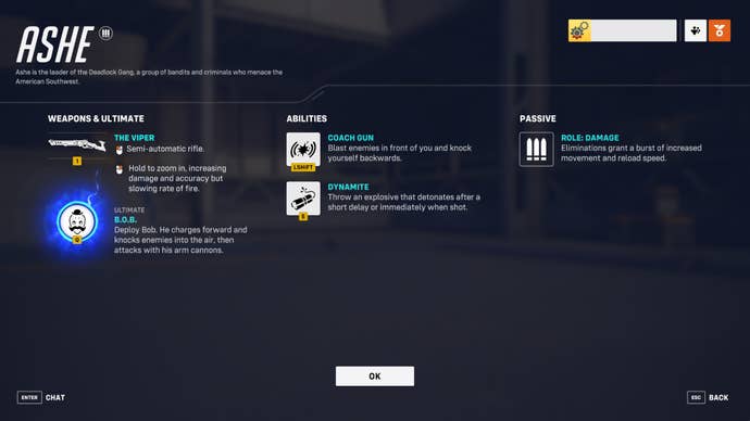 A screen from Overwatch 2 showcasing the abilities of the hero Ashe.