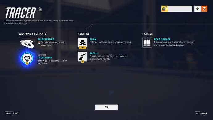 A screen from Overwatch 2 showcasing the abilities of the hero Tracer.