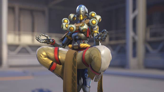 Zenyatta, a hero in Overwatch 2, poses before the camera in the hero selection screen.