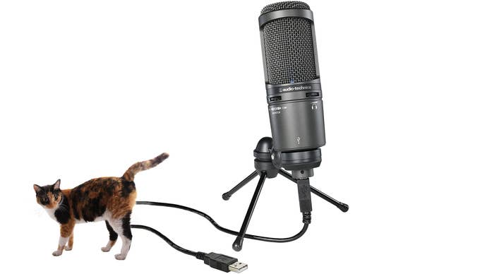 an audio-technica at2020usb+ microphone, with a cat standing in front of the cable to hide the author’s Photoshop proficiency.