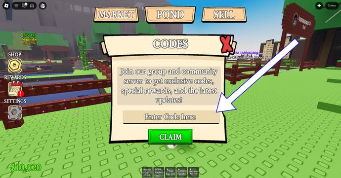 A screenshot of Own a Fish Pond in Roblox showing the game's codes screen.