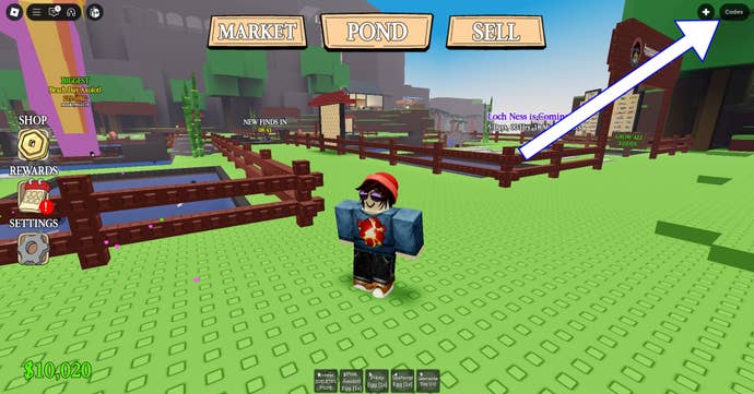 A screenshot of Own a Fish Pond in Roblox showing the game's codes button.