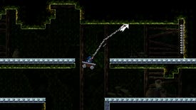 Player character Wade grapple the ceiling while swinging in a minecart in puzzle-platformer Oyster Wars