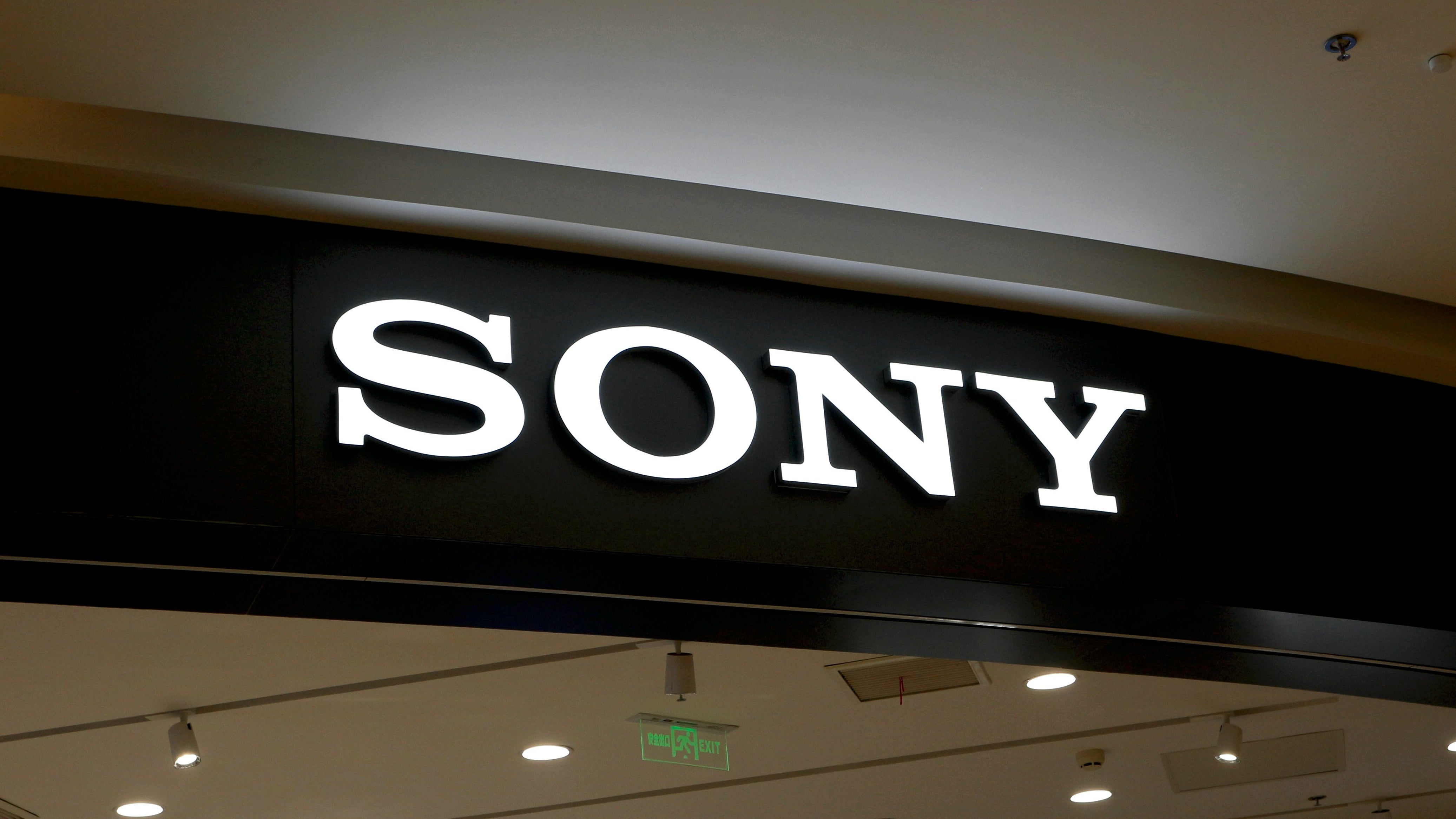 A Sony store sign hanging from the ceiling