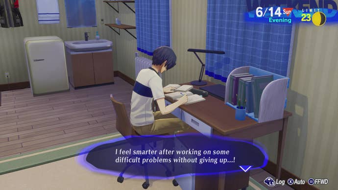 Studying at a bedroom desk in Persona 3 Reload.