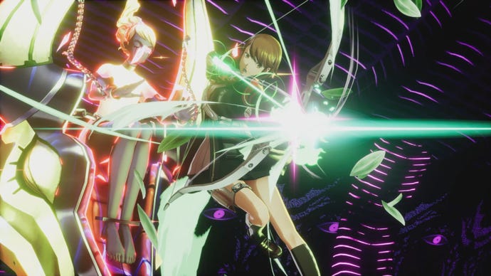Yukari draws her bow in a special Theurgy move from Persona 3 Reload.