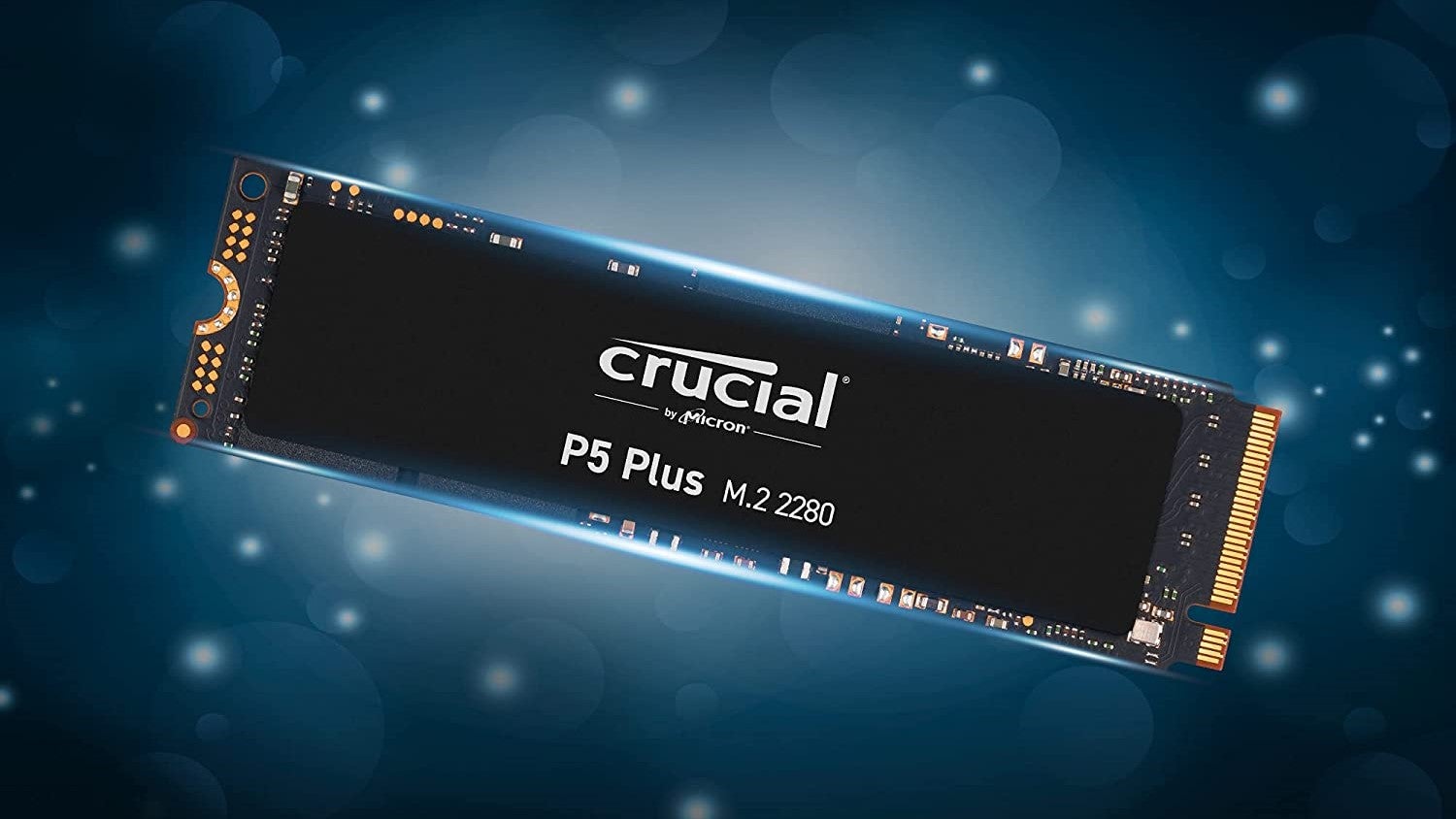 Crucial P5 Plus Black SSD with blue sparkly background