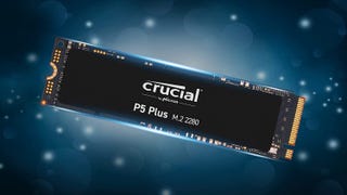 Crucial P5 Plus Black SSD with blue sparkly background