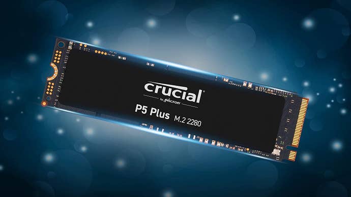 Crucial P5 Plus Black SSD with blue sparkly background