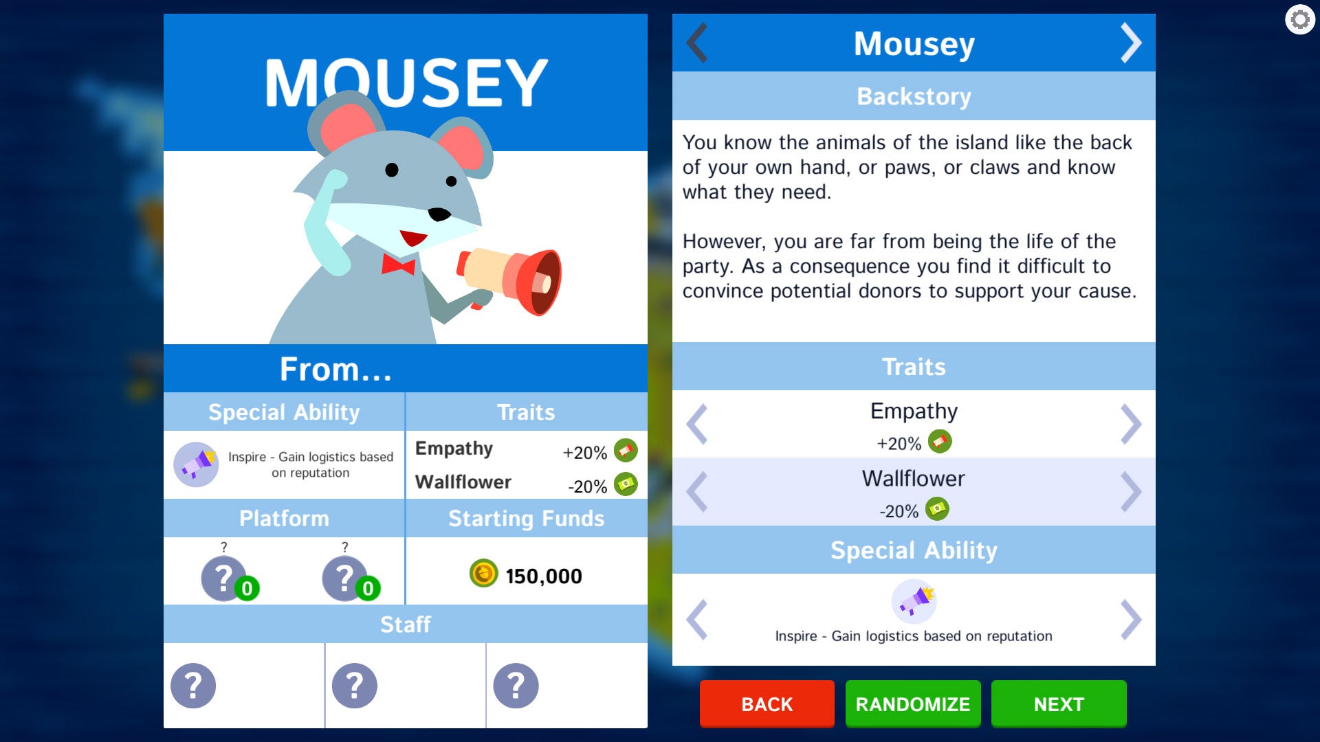 A menu screenshot from election simulator Political Animals, showing a potential presidential candidate.