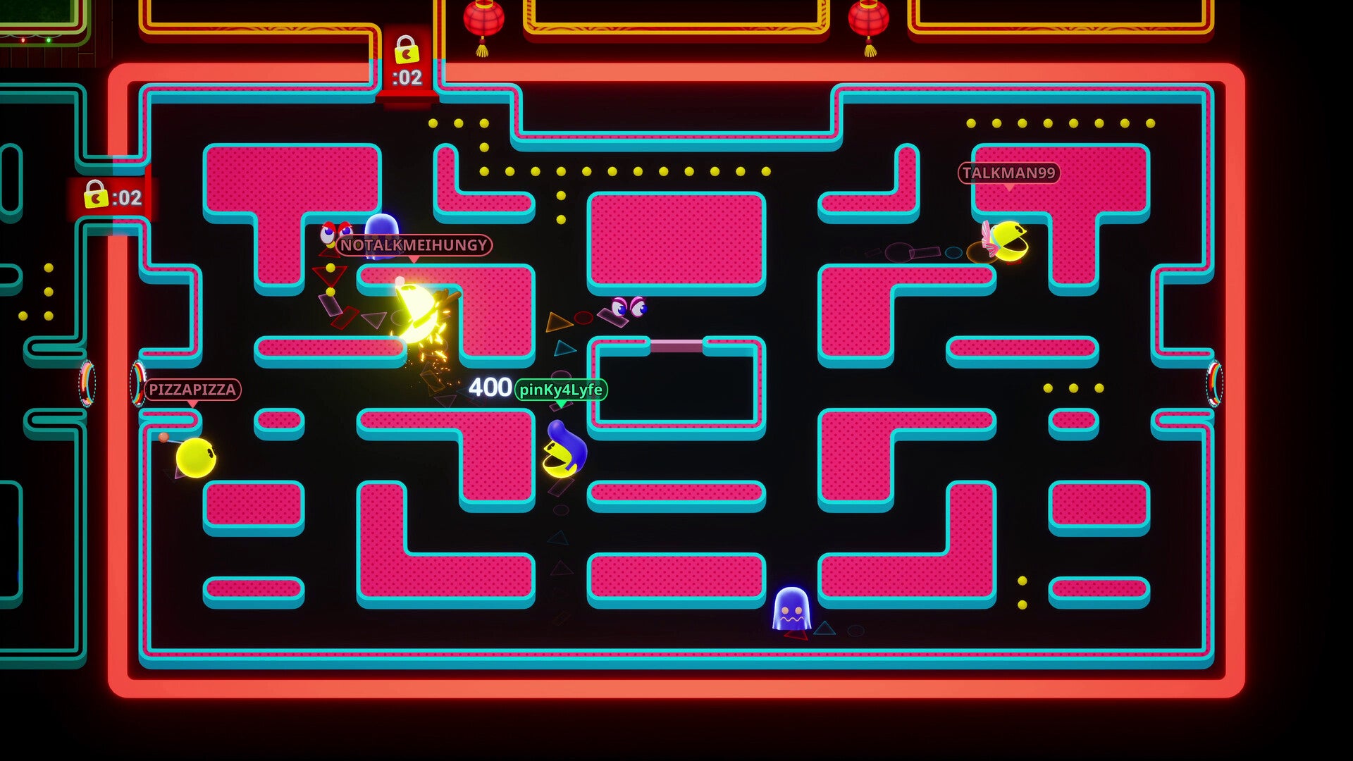 Players race around a pink Pac-Man maze in multiplayer battle royale game Pac-Man Mega Tunnel Battle: Chomp Champs - 1
