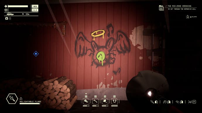 Pacific Drive screenshot showing some graffitti of a strange bat creature with a halo on a red wood panel wall