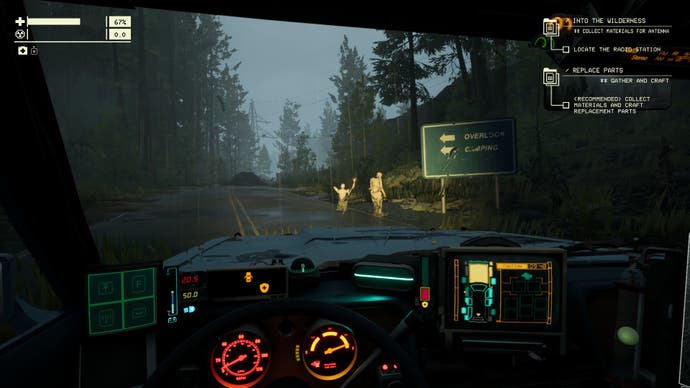 Pacific Drive screenshot showing two crash dummies in the road looking creepy