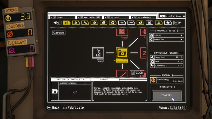 Pacific Drive screenshot showing one of many upgrade screens