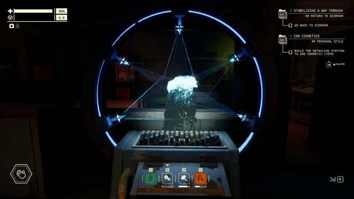 Pacific Drive screenshot showing the matter deconstructor, in a kind of blue pentagram of energy