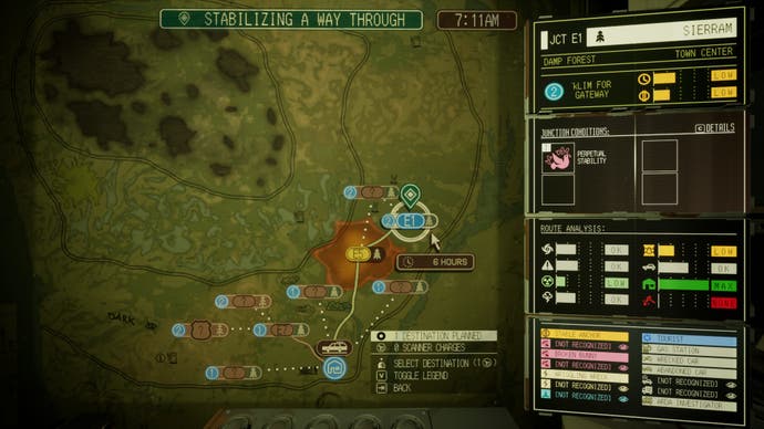 Pacific Drive screenshot showing the map, with several nodes, numbers, and all kinds of hard-to-follow info on the right side