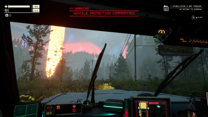 Pacific Drive screenshot showing a distant pillar of yellow light form inside the car, in a rainy forest