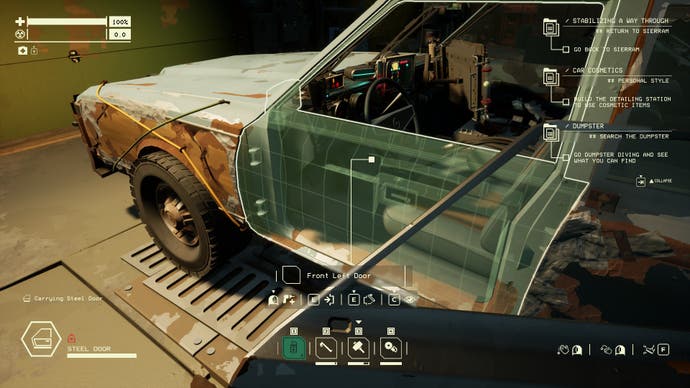 Pacific Drive screenshot showing the attachment of a door in the garage