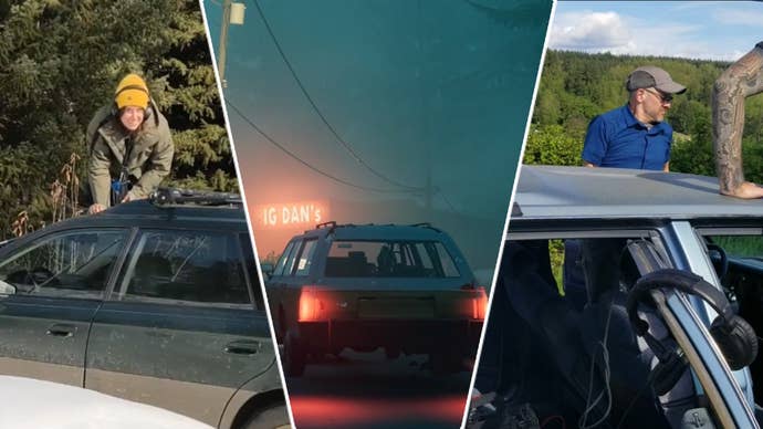 Custom split header with Pacific Drive screenshot and irl images of Ironwood team messing around with cars.