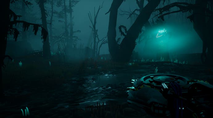 Pacific Drive preview - a nighttime forest in eerie blue-green light