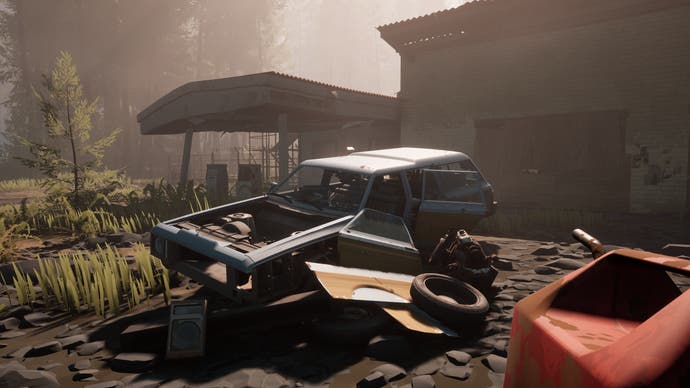 Pacific Drive preview - another abandoned car outside a workshop